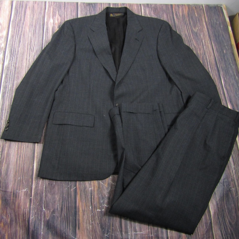 Vintage Suit Brooks Brothers Mens 44 Gray Striped Wool 2 Piece Formal Made USA